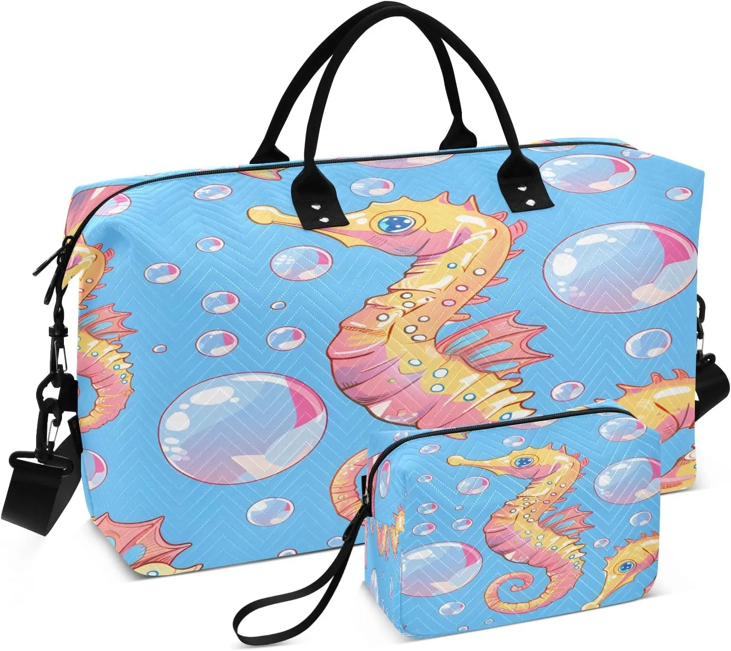 Seahorse Blow Bubbles Travel Duffel Bags with Toiletry Bag for Travel Gym Yoga Weekender Bag