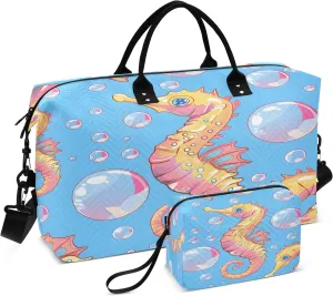 Seahorse Blow Bubbles Travel Duffel Bags with Toiletry Bag for Travel Gym Yoga Weekender Bag