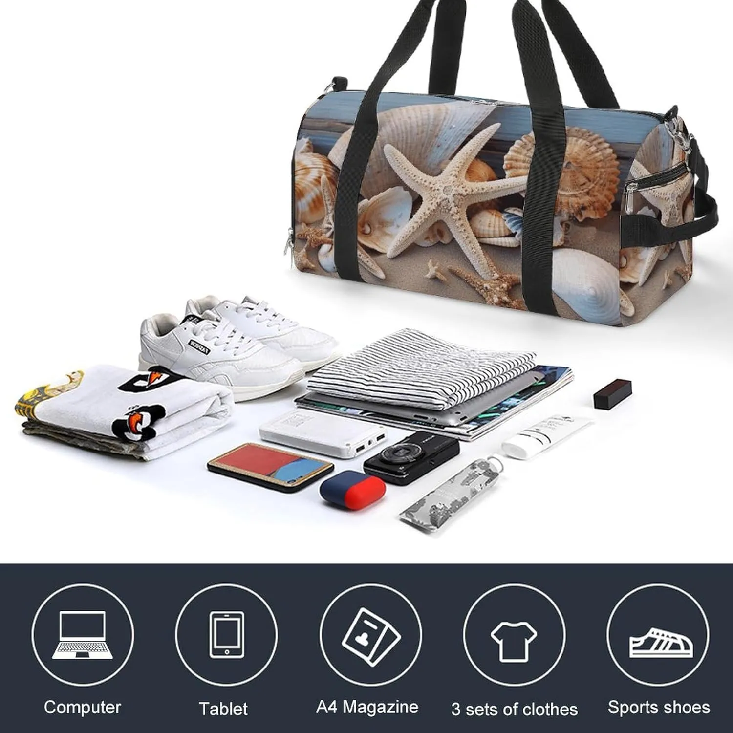 Seashells Starfish Sand Sports Gym Bag Carry on Holdalls for Men Small Duffel Bags for Women with Shoe Compartment
