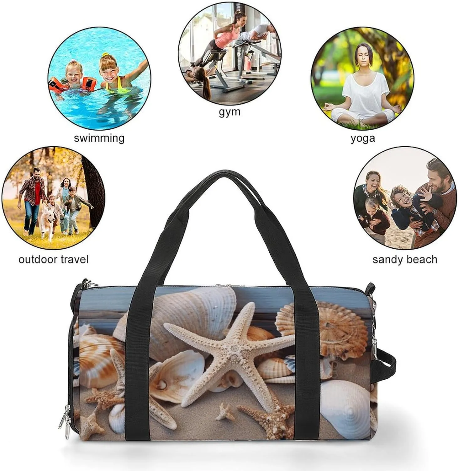 Seashells Starfish Sand Sports Gym Bag Carry on Holdalls for Men Small Duffel Bags for Women with Shoe Compartment