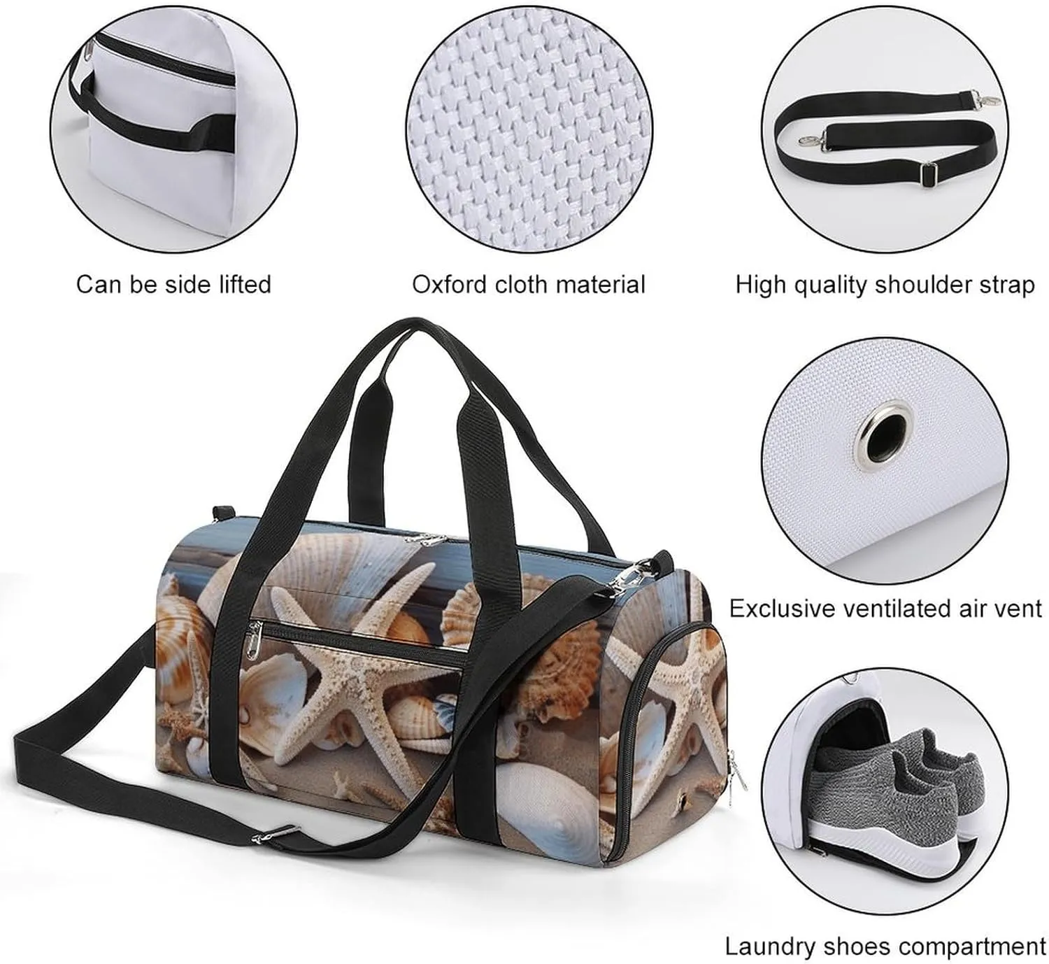 Seashells Starfish Sand Sports Gym Bag Carry on Holdalls for Men Small Duffel Bags for Women with Shoe Compartment
