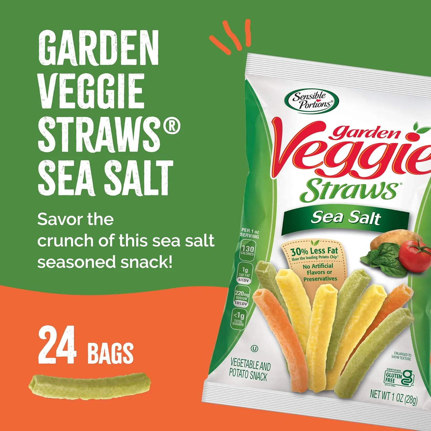 Sensible Portions Garden Veggie Snacks - Veggie Straws, Snack Size, Sea Salt, 1 Oz (Pack of 24)