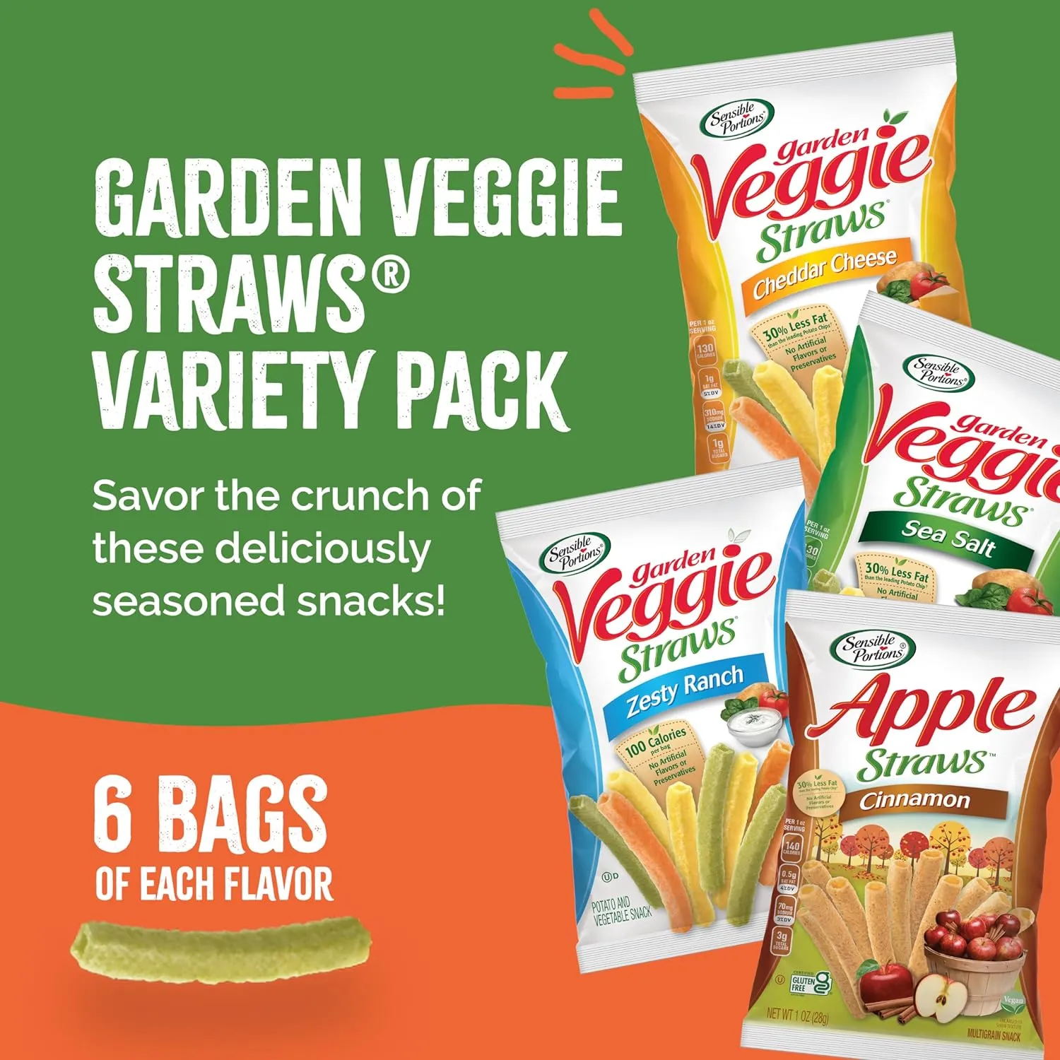 Sensible Portions Garden Veggie Snacks - Veggie Straws, Snack Size Variety Pack, Sea Salt, Ranch, Cheddar, Apple Cinnamon, 1 Oz (Pack of 24)