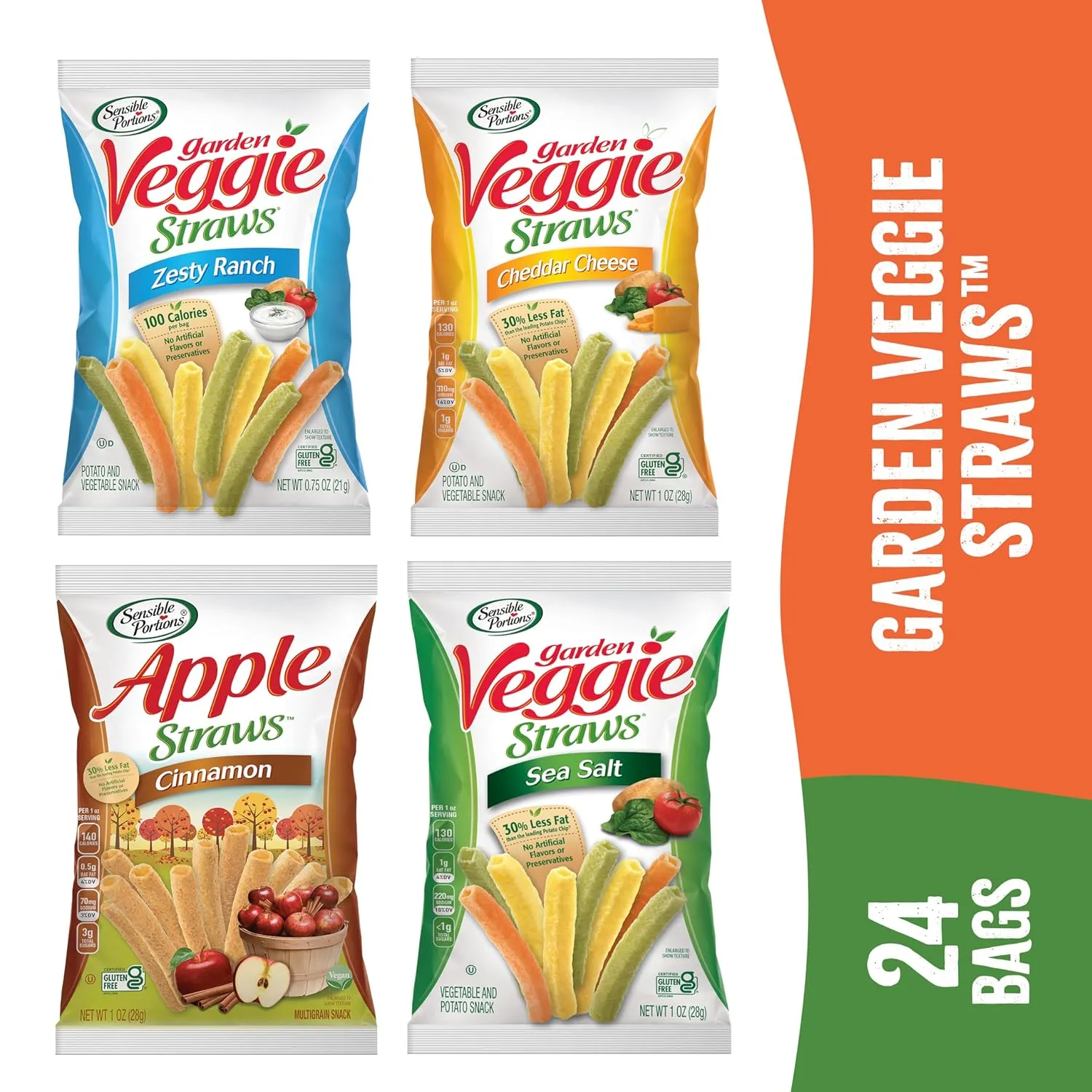 Sensible Portions Garden Veggie Snacks - Veggie Straws, Snack Size Variety Pack, Sea Salt, Ranch, Cheddar, Apple Cinnamon, 1 Oz (Pack of 24)