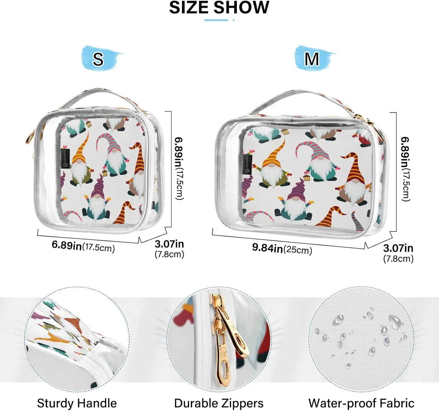 senya Clear Toiletry Bag,Travel Makeup Cosmetic Bag Carry on Airport Airline Compliant Bag Christmas Gnomes Seamless for Women Men