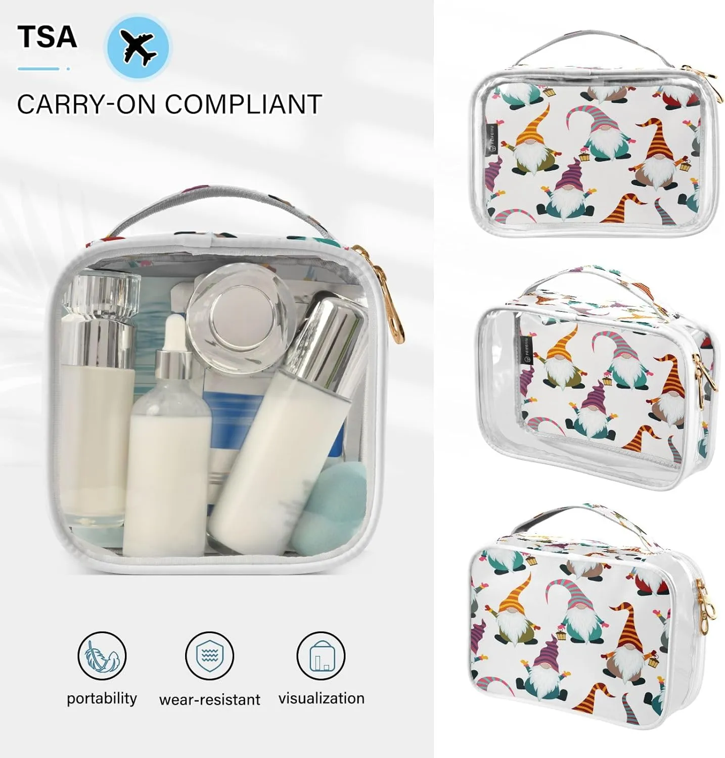 senya Clear Toiletry Bag,Travel Makeup Cosmetic Bag Carry on Airport Airline Compliant Bag Christmas Gnomes Seamless for Women Men