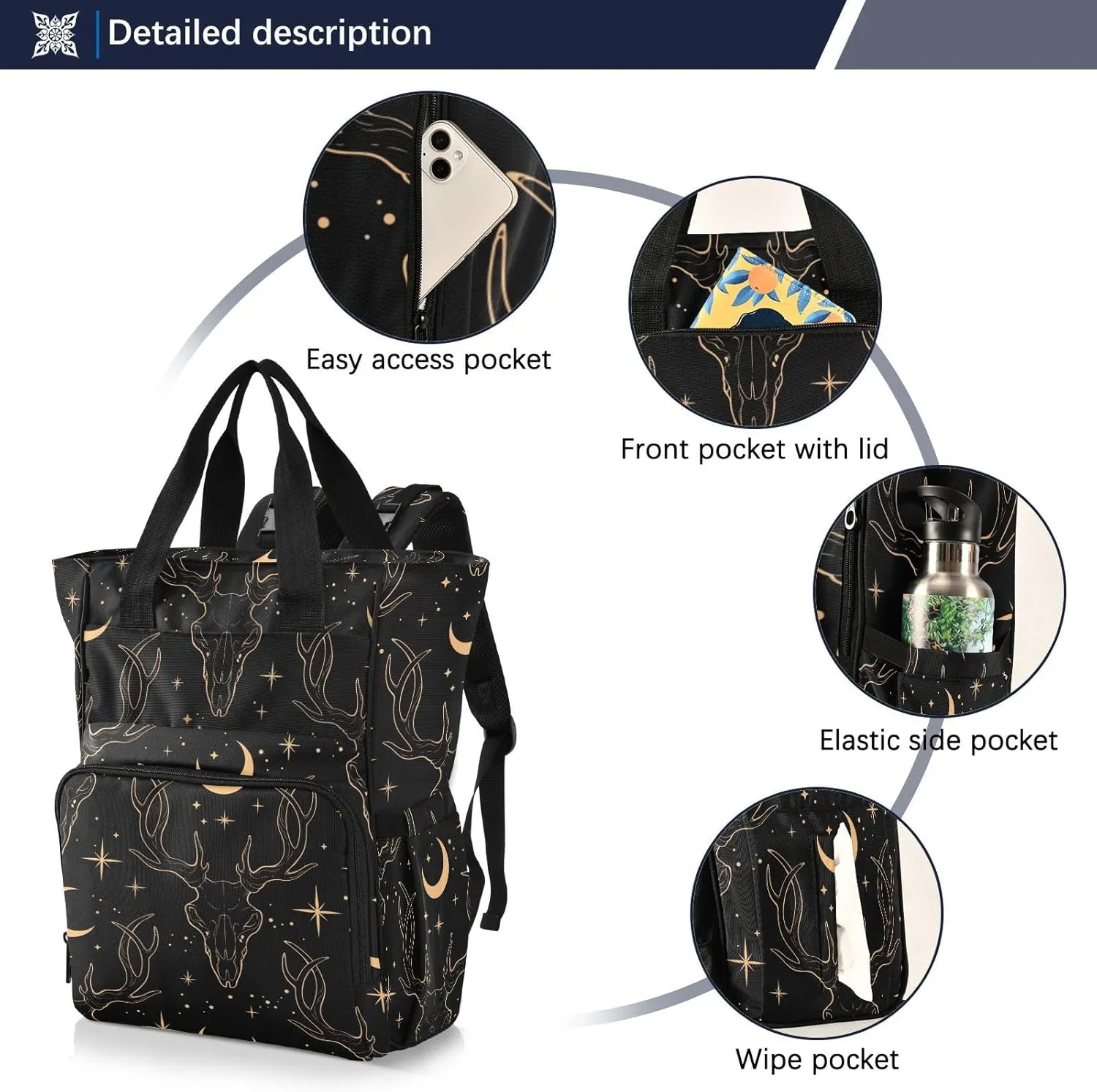 senya Diaper Bag Backpack, Golden Deer Skull Multifunction Travel Bag for Moms Dads