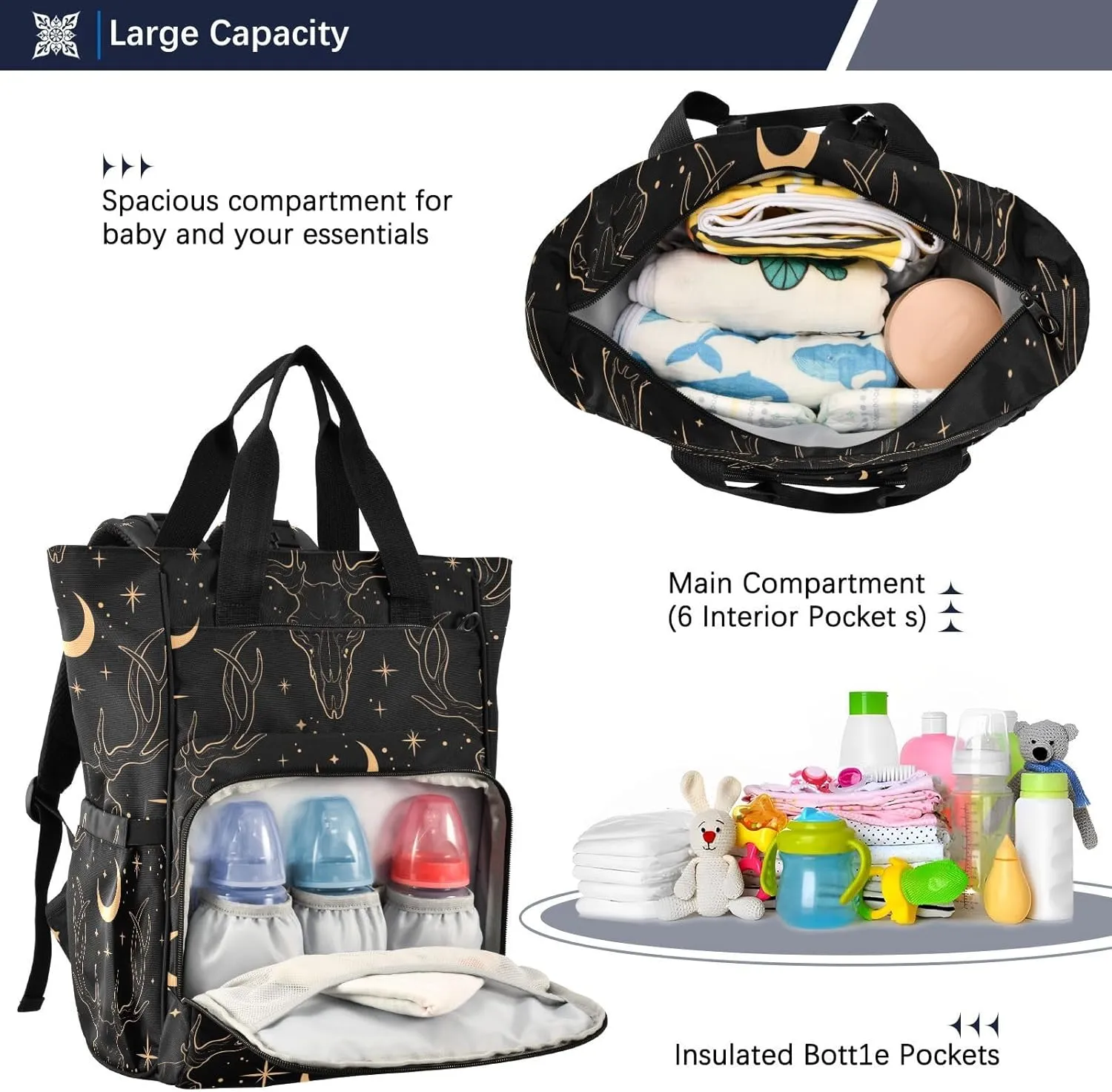 senya Diaper Bag Backpack, Golden Deer Skull Multifunction Travel Bag for Moms Dads
