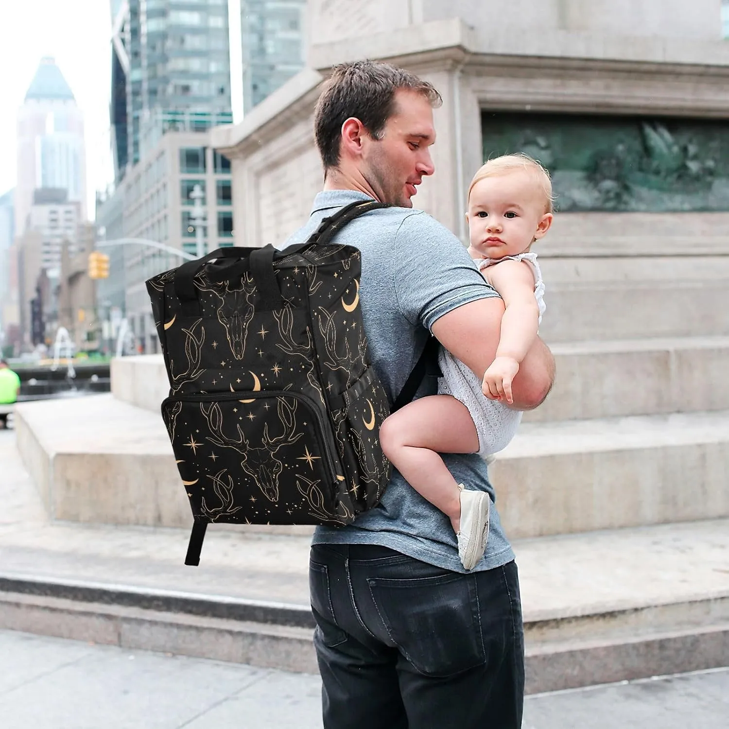 senya Diaper Bag Backpack, Golden Deer Skull Multifunction Travel Bag for Moms Dads