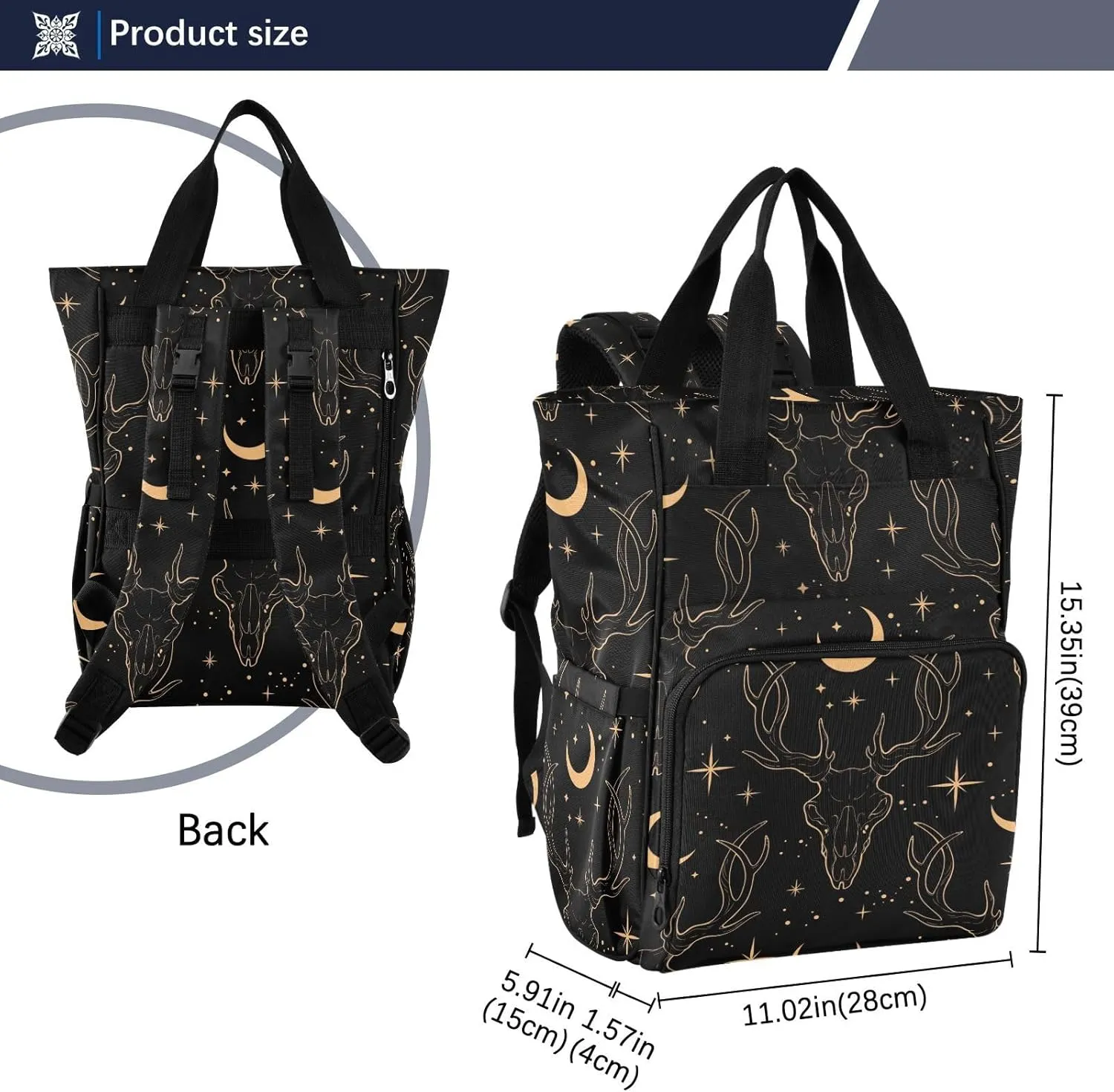 senya Diaper Bag Backpack, Golden Deer Skull Multifunction Travel Bag for Moms Dads