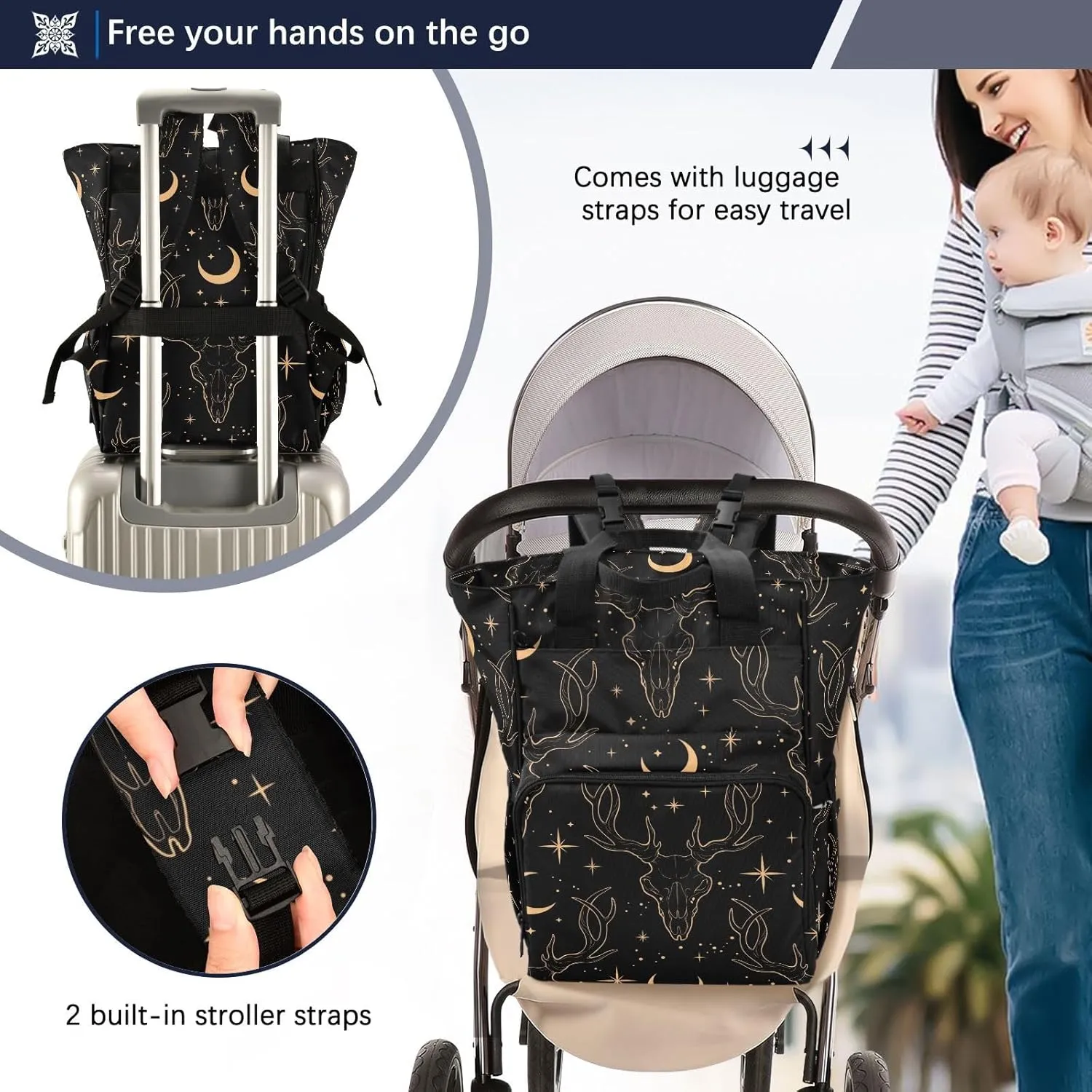 senya Diaper Bag Backpack, Golden Deer Skull Multifunction Travel Bag for Moms Dads