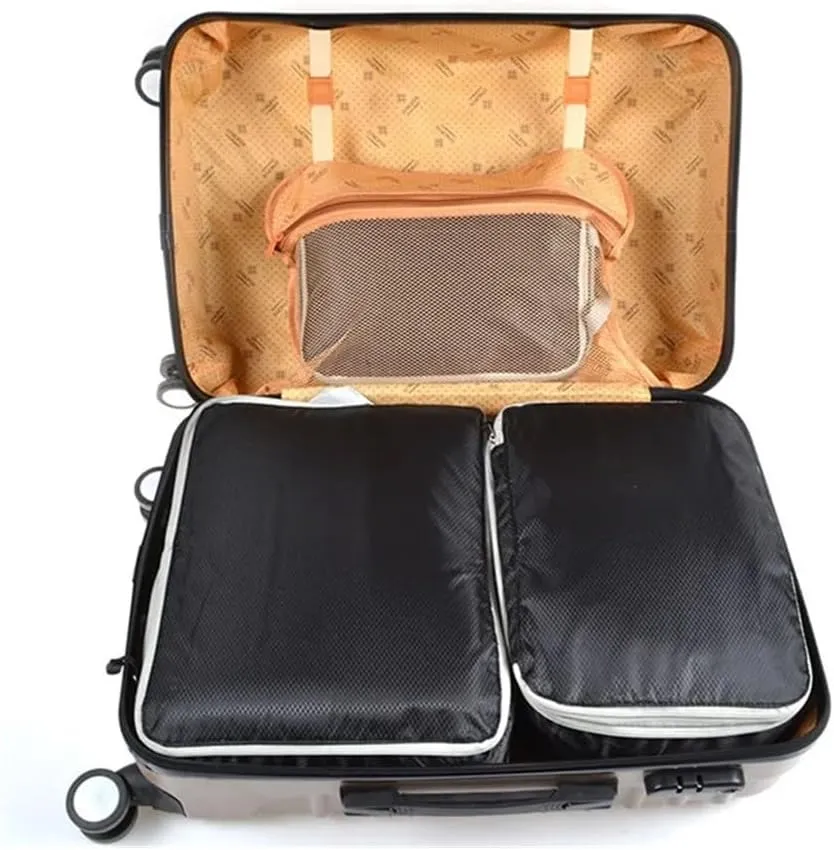 Set/3 Pieces Compressible Packing Travel Storage Bag Cubes Waterproof Suitcase Nylon Portable With Handbag Luggage Organizer(SNX-3SET- Black)