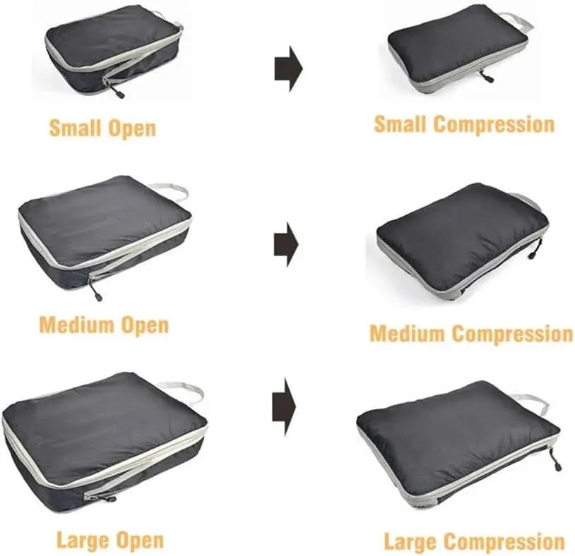 Set/3 Pieces Compressible Packing Travel Storage Bag Cubes Waterproof Suitcase Nylon Portable With Handbag Luggage Organizer(SNX-3SET- Black)