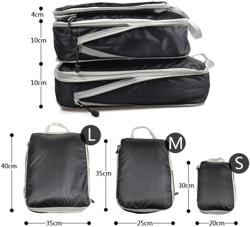 Set/3 Pieces Compressible Packing Travel Storage Bag Cubes Waterproof Suitcase Nylon Portable With Handbag Luggage Organizer(SNX-3SET- Black)