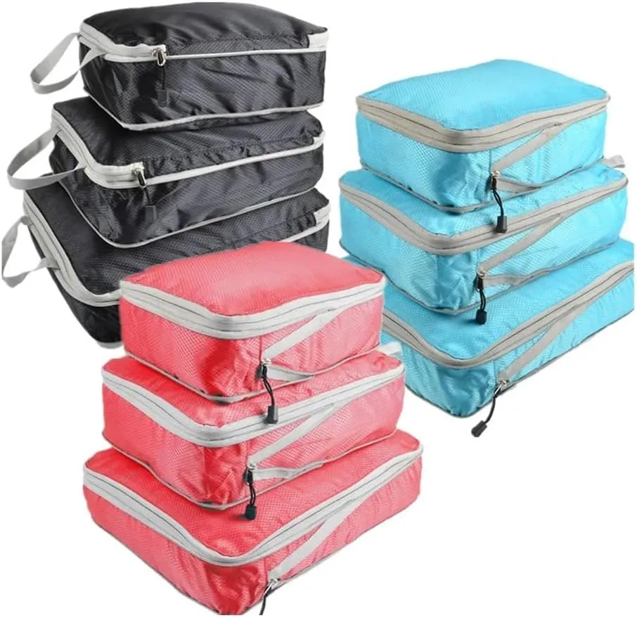 Set/3 Pieces Compressible Packing Travel Storage Bag Cubes Waterproof Suitcase Nylon Portable With Handbag Luggage Organizer(SNX-3SET- Black)