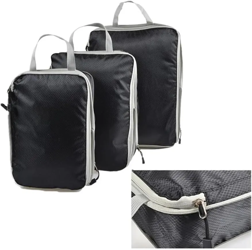 Set/3 Pieces Compressible Packing Travel Storage Bag Cubes Waterproof Suitcase Nylon Portable With Handbag Luggage Organizer(SNX-3SET- Black)