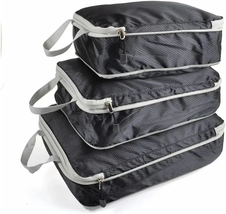 Set/3 Pieces Compressible Packing Travel Storage Bag Cubes Waterproof Suitcase Nylon Portable With Handbag Luggage Organizer(SNX-3SET- Black)