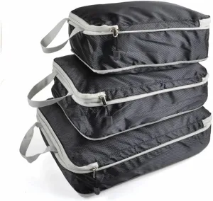 Set/3 Pieces Compressible Packing Travel Storage Bag Cubes Waterproof Suitcase Nylon Portable With Handbag Luggage Organizer(SNX-3SET- Black)
