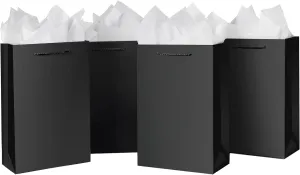 SHIPKEY 10 Pcs Luxury Black Bags with Tissue Paper, Gift Bags for Men, Groomsmen Proposal Bags 8x4x11 Kraft Paper Bags with Handles Bulk| Black Paper Bags, Black Gift Bags