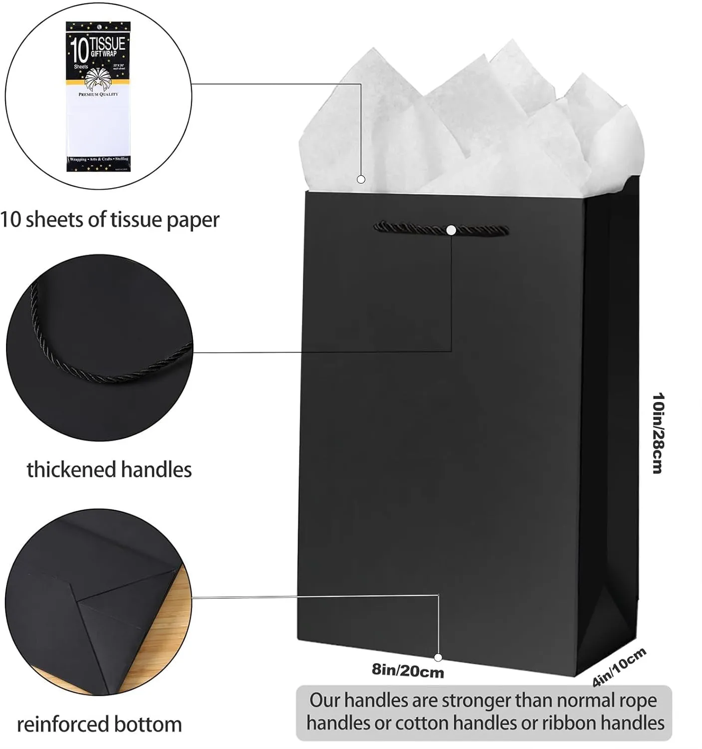 SHIPKEY 10 Pcs Luxury Black Bags with Tissue Paper, Gift Bags for Men, Groomsmen Proposal Bags 8x4x11 Kraft Paper Bags with Handles Bulk| Black Paper Bags, Black Gift Bags