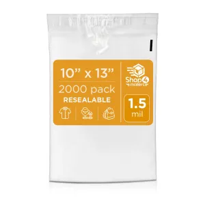 Shop4Mailers 10 x 13 Clear Plastic Poly Bags 1.5 Mil Self Seal Packaging for Apparel, Jewelry, Documents, Prints, Gifts, Storage – Resealable (2000 Pack)