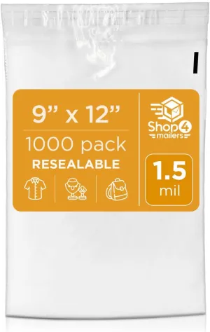 Shop4Mailers 9 x 12 Clear Plastic Poly Bags 1.5 Mil Self Seal Packaging for Apparel, Jewelry, Documents, Prints, Gifts, Storage – Resealable (1000 Pack)