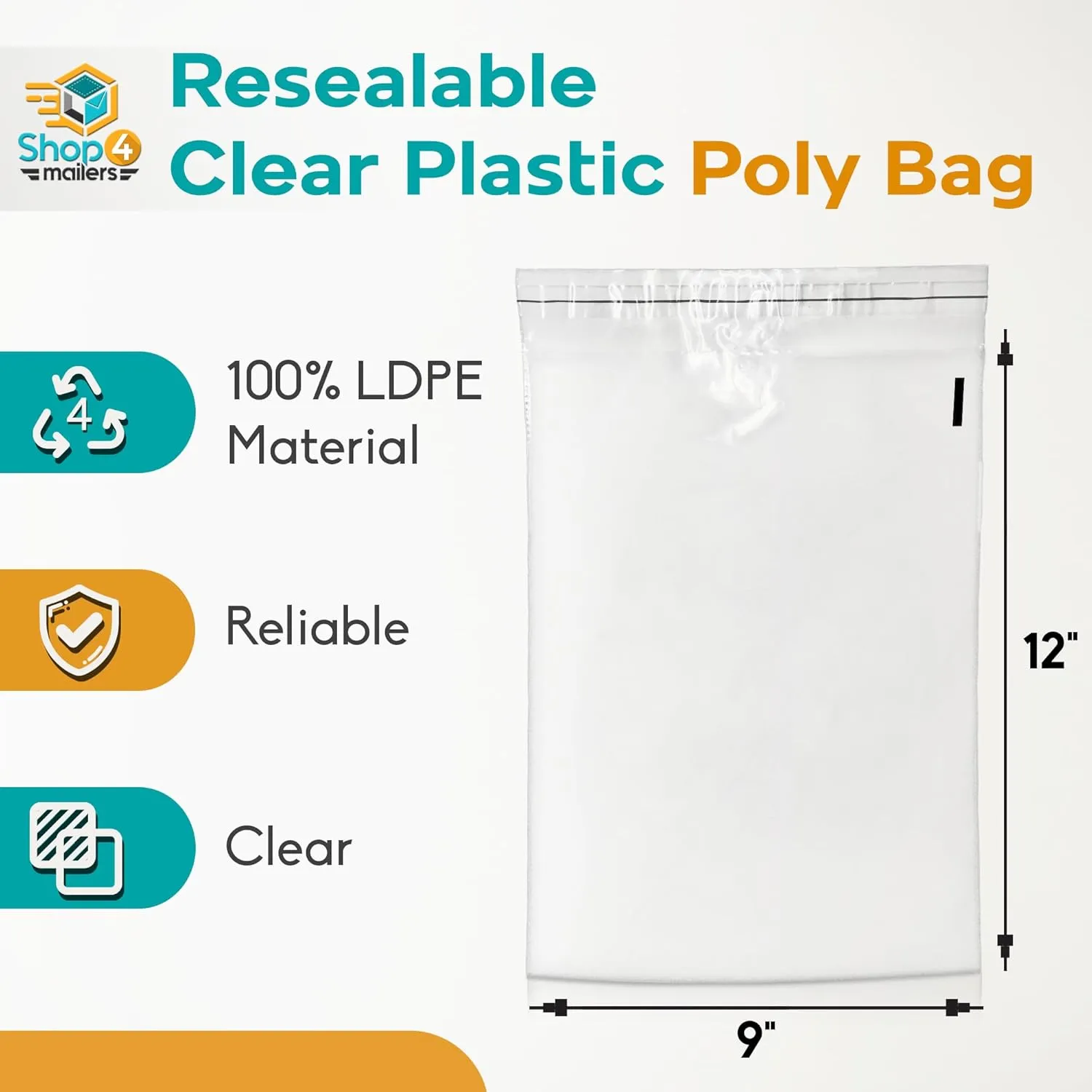 Shop4Mailers 9 x 12 Clear Plastic Poly Bags 1.5 Mil Self Seal Packaging for Apparel, Jewelry, Documents, Prints, Gifts, Storage – Resealable (1000 Pack)