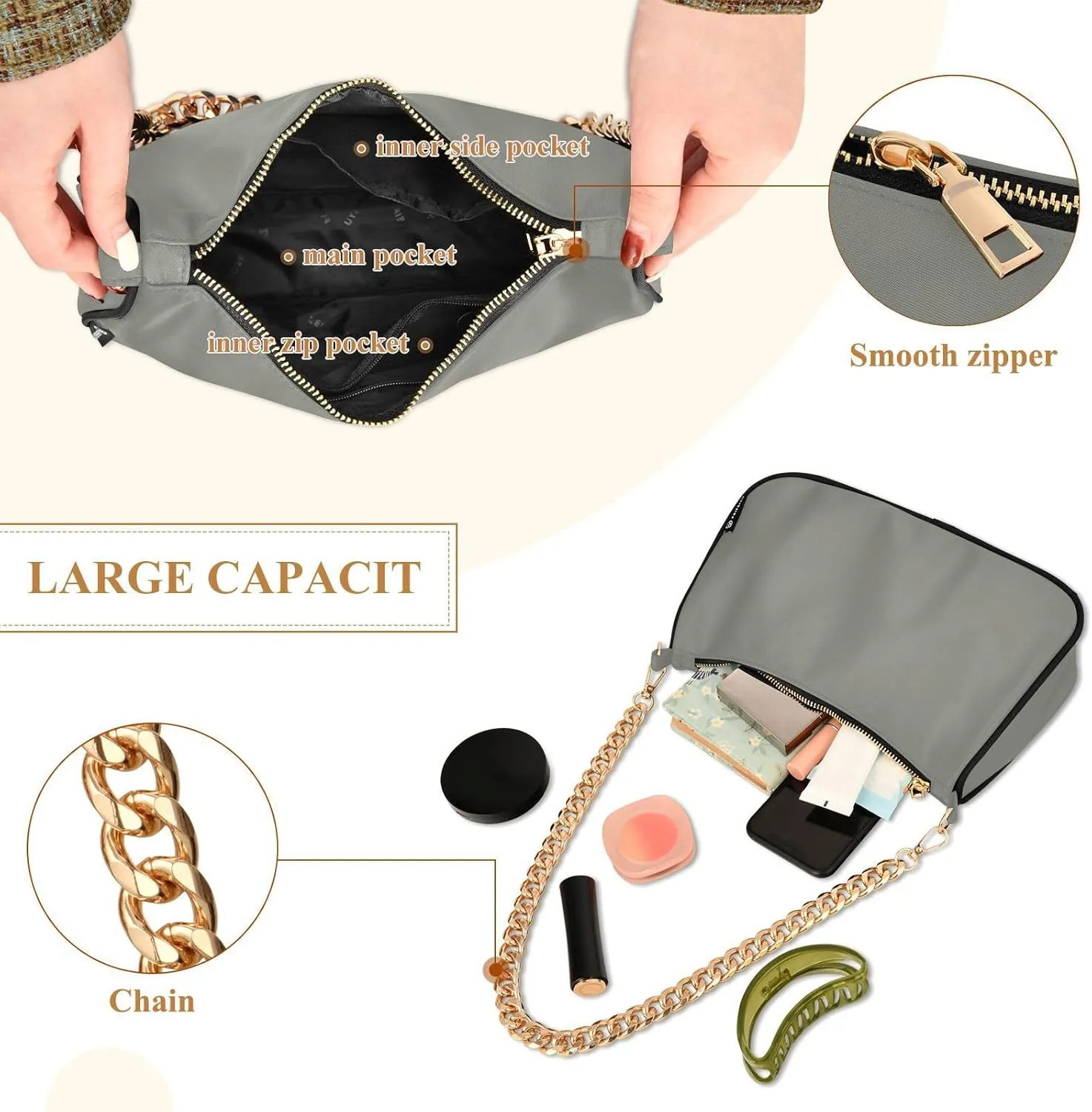 Shoulder Bag for Women Hobo Tote Handbag Gold Chain Crossbody Bag with Zipper Clutch Purse Handbags