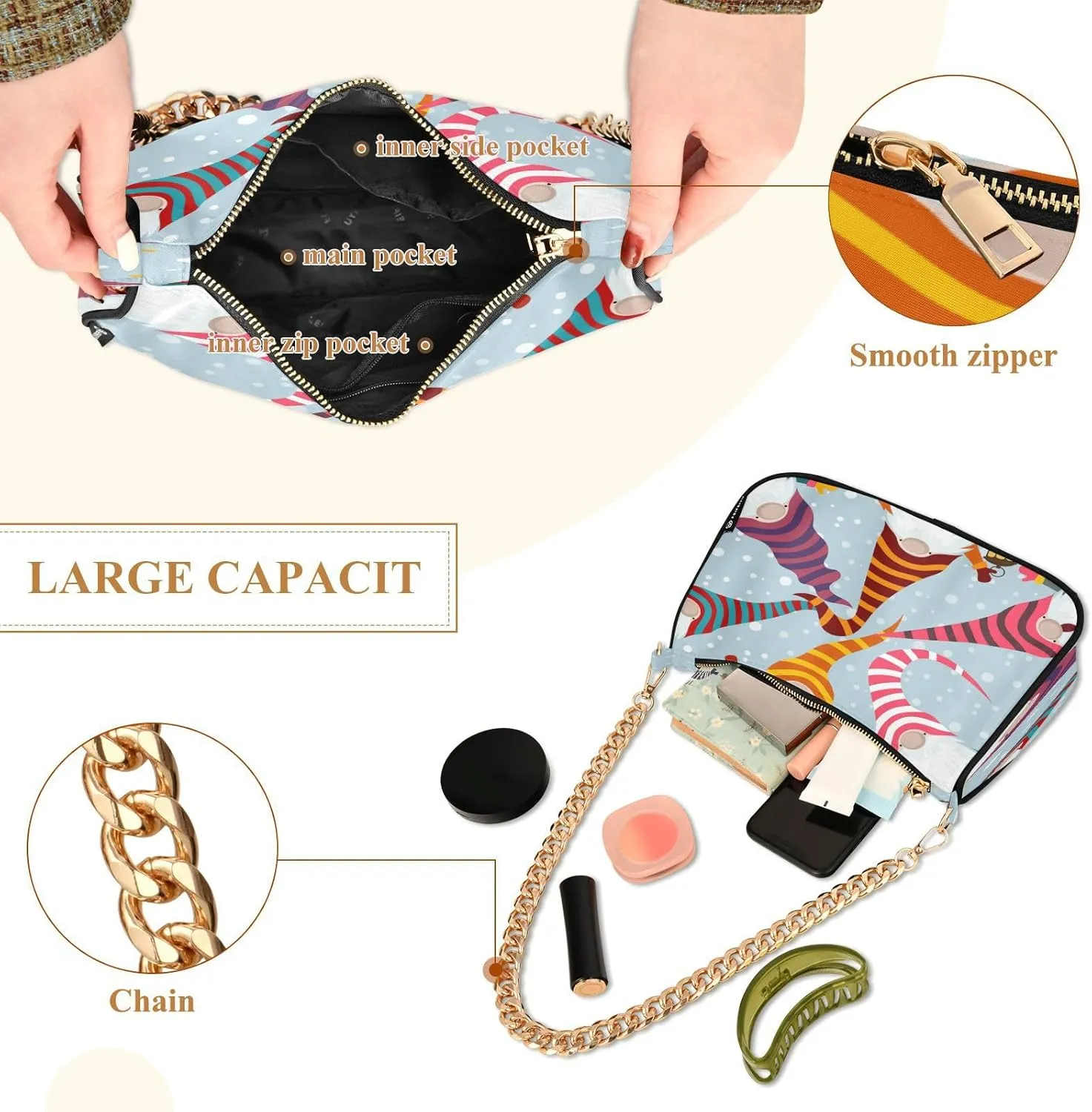 Shoulder Bag for Women Hobo Tote Handbag Gold Chain Crossbody Bag with Zipper Clutch Purse Handbags