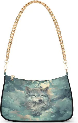 Shoulder Bags for Women A Gray and White Wolf Surrounds The Fuzzy Stars and A Full Moon Hobo Tote Handbag Small Clutch Purse with Zipper Closure