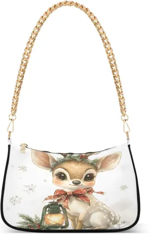 Shoulder Bags for Women Christmas Deer Snow Hobo Tote Handbag Small Clutch Purse with Zipper Closure