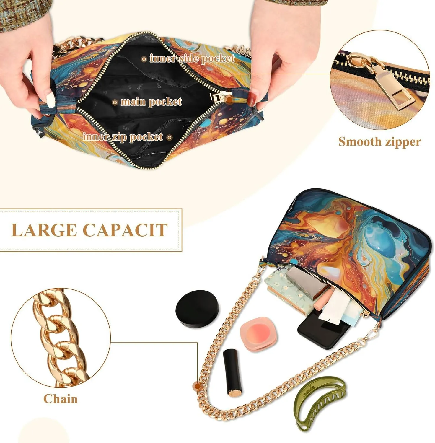 Shoulder Bags for Women Colorful Marble Texture Hobo Tote Handbag Small Clutch Purse with Zipper Closure