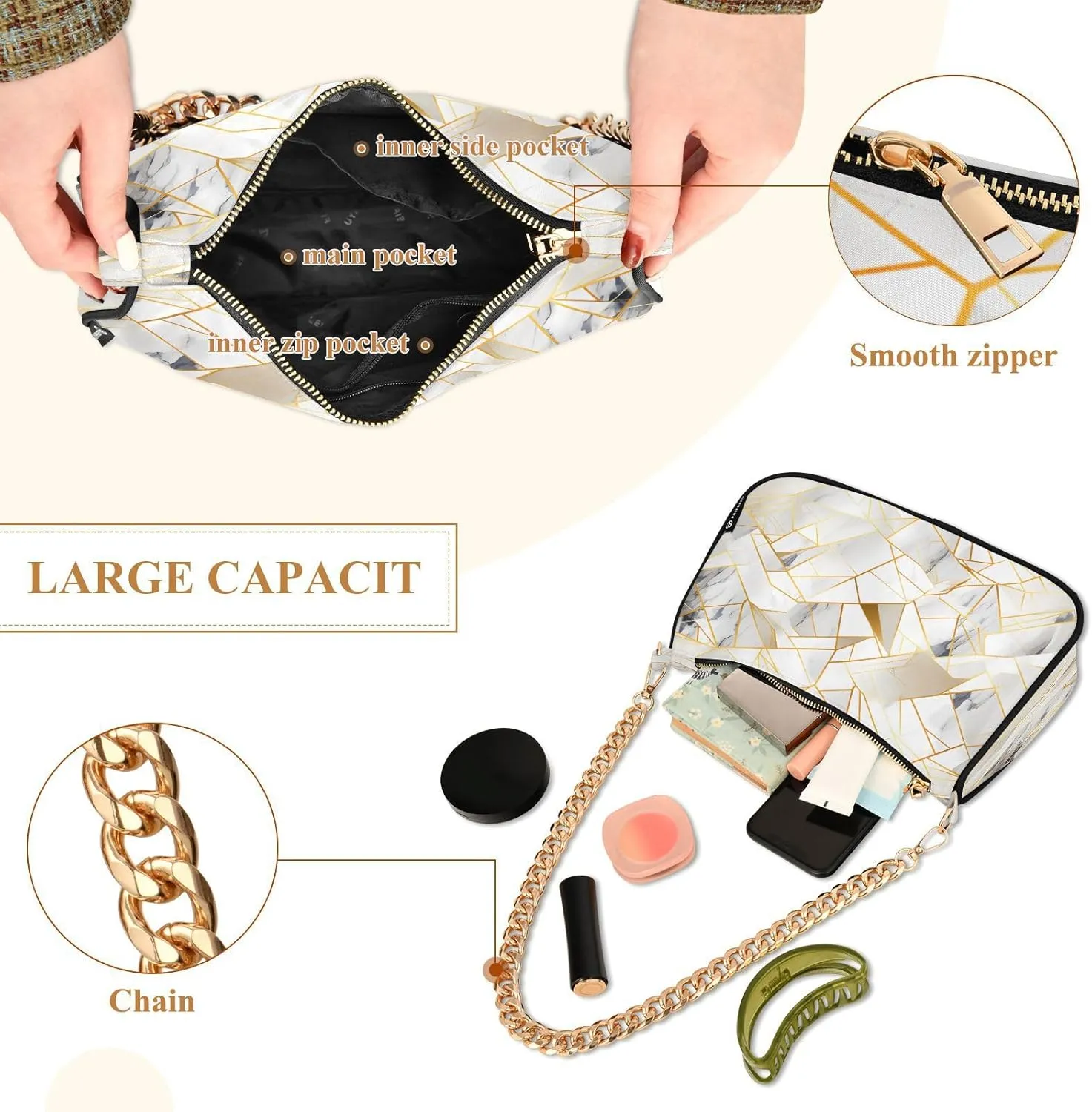 Shoulder Bags for Women Colorful Marble Texture Hobo Tote Handbag Small Clutch Purse with Zipper Closure