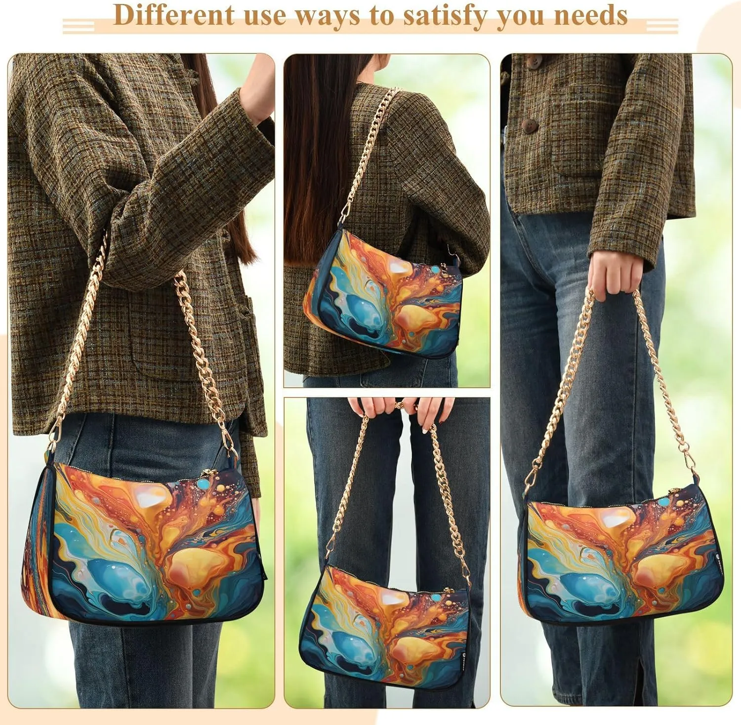 Shoulder Bags for Women Colorful Marble Texture Hobo Tote Handbag Small Clutch Purse with Zipper Closure