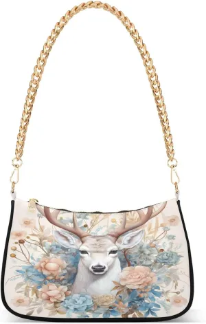 Shoulder Bags for Women Deer Pink Blue Floral Hobo Tote Handbag Small Clutch Purse with Zipper Closure