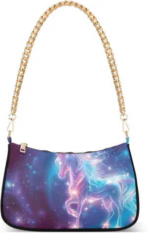 Shoulder Bags for Women Free Vector Unicorn Surrounded by Magic Poster Vector Hobo Tote Handbag Small Clutch Purse with Zipper Closure