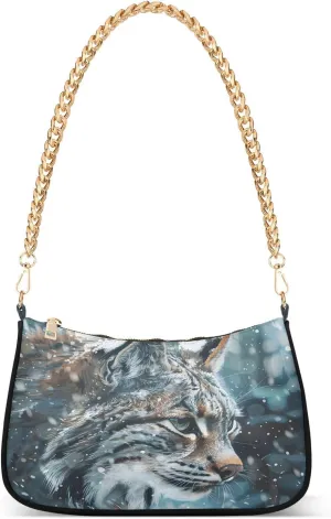 Shoulder Bags for Women Frosty Bobcat Stares Into The Snowy Forest Generative Hobo Tote Handbag Small Clutch Purse with Zipper Closure