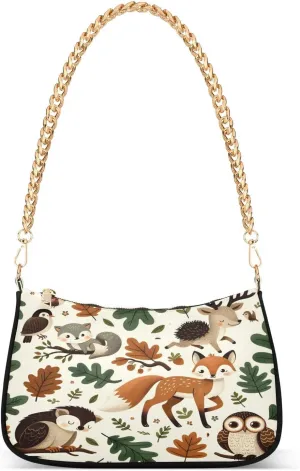 Shoulder Bags for Women Seamless Woodland Pattern with Oak Leaves and Cute Forest Animals - Fox Deer Hedgehog Hobo Tote Handbag Small Clutch Purse with Zipper Closure