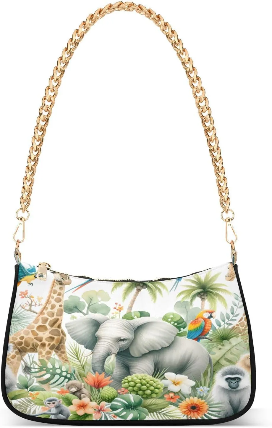 Shoulder Bags for Women Watercolor Composition with African Animals and Natural Elements Hobo Tote Handbag Small Clutch Purse with Zipper Closure