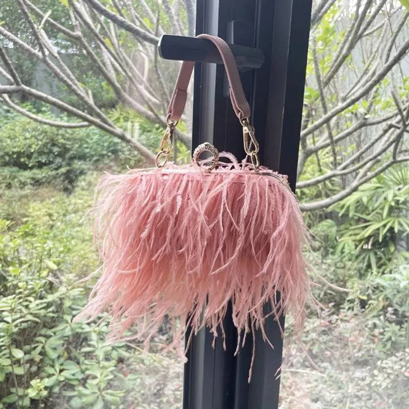 Silk and Feather Crossbody Bag with Gold Chain
