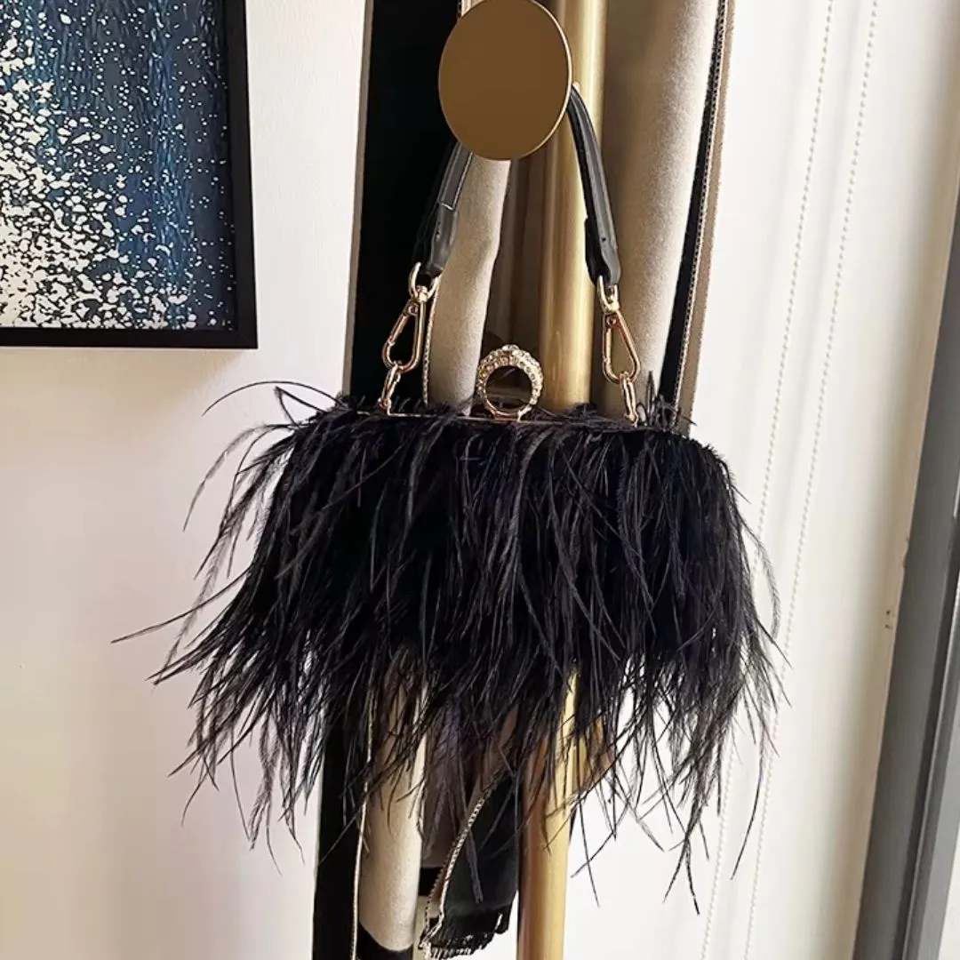 Silk and Feather Crossbody Bag with Gold Chain