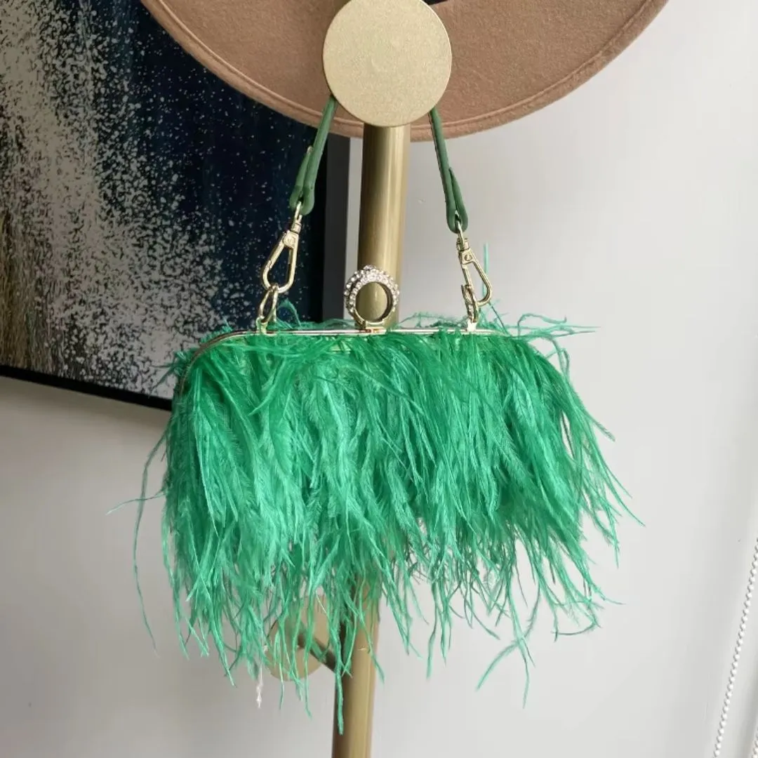 Silk and Feather Crossbody Bag with Gold Chain
