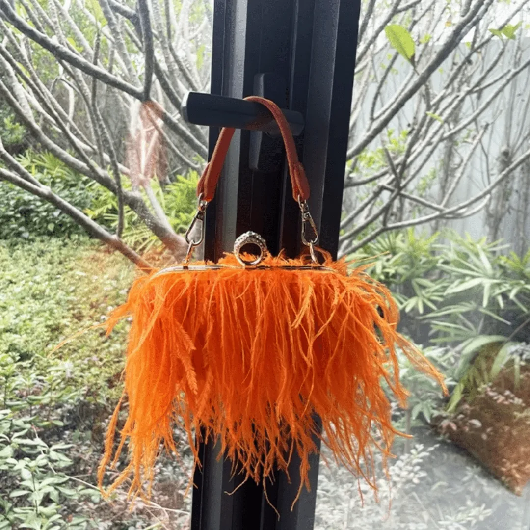 Silk and Feather Crossbody Bag with Gold Chain