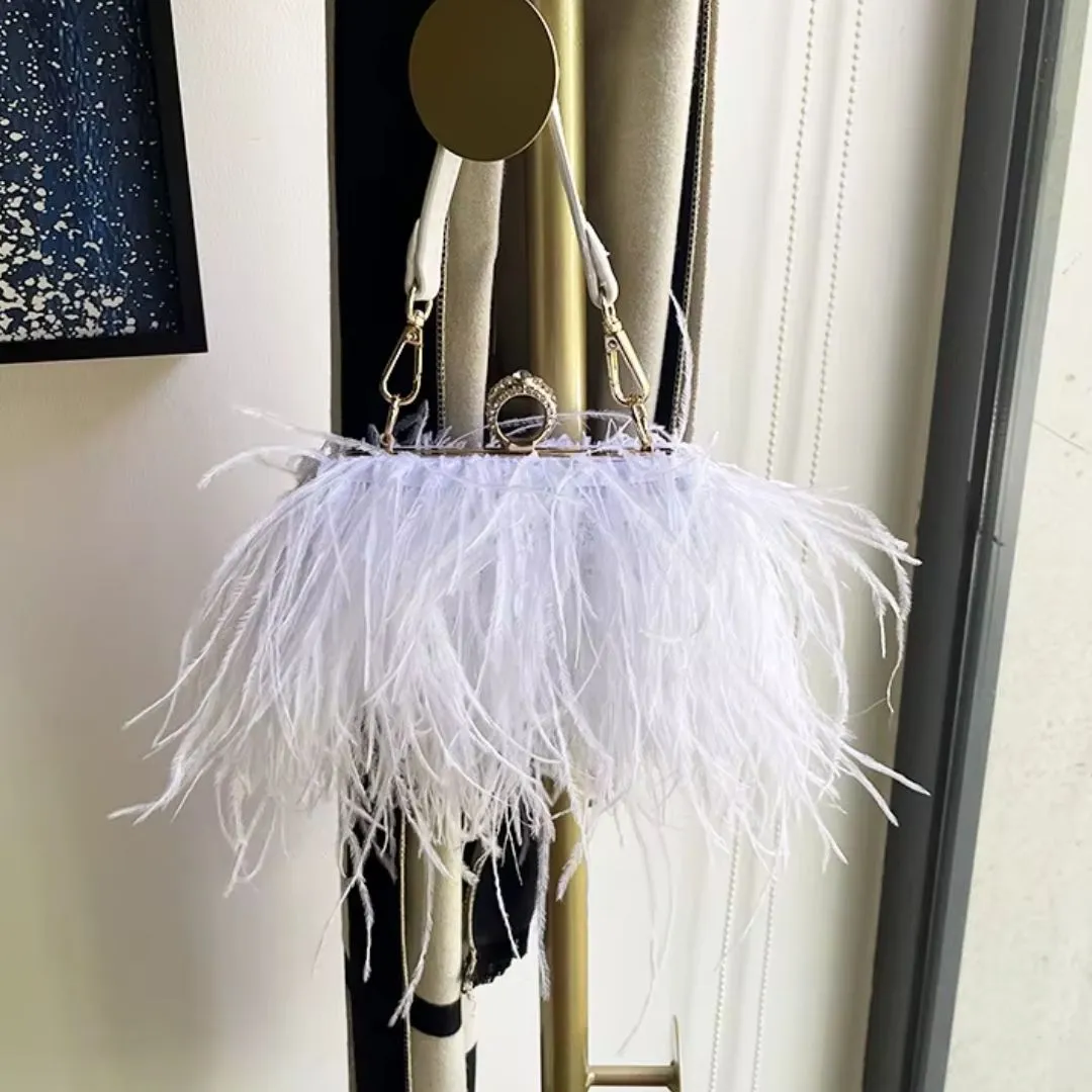 Silk and Feather Crossbody Bag with Gold Chain