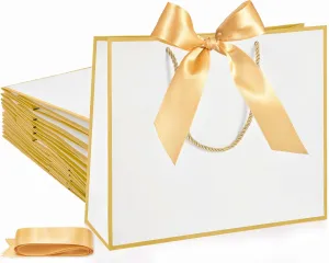 Silkfly 12 Pcs Thank You Gift Bags with Handle 11.8x10x4'' Welcome Bags Return Gifts with Bow Ribbon for Bridesmaid Baby Shower Mother's Day Graduation Wedding Housewarming Birthday(White, Gold)