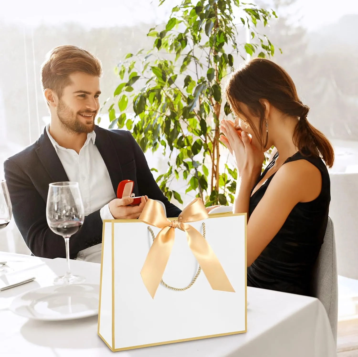 Silkfly 12 Pcs Thank You Gift Bags with Handle 11.8x10x4'' Welcome Bags Return Gifts with Bow Ribbon for Bridesmaid Baby Shower Mother's Day Graduation Wedding Housewarming Birthday(White, Gold)