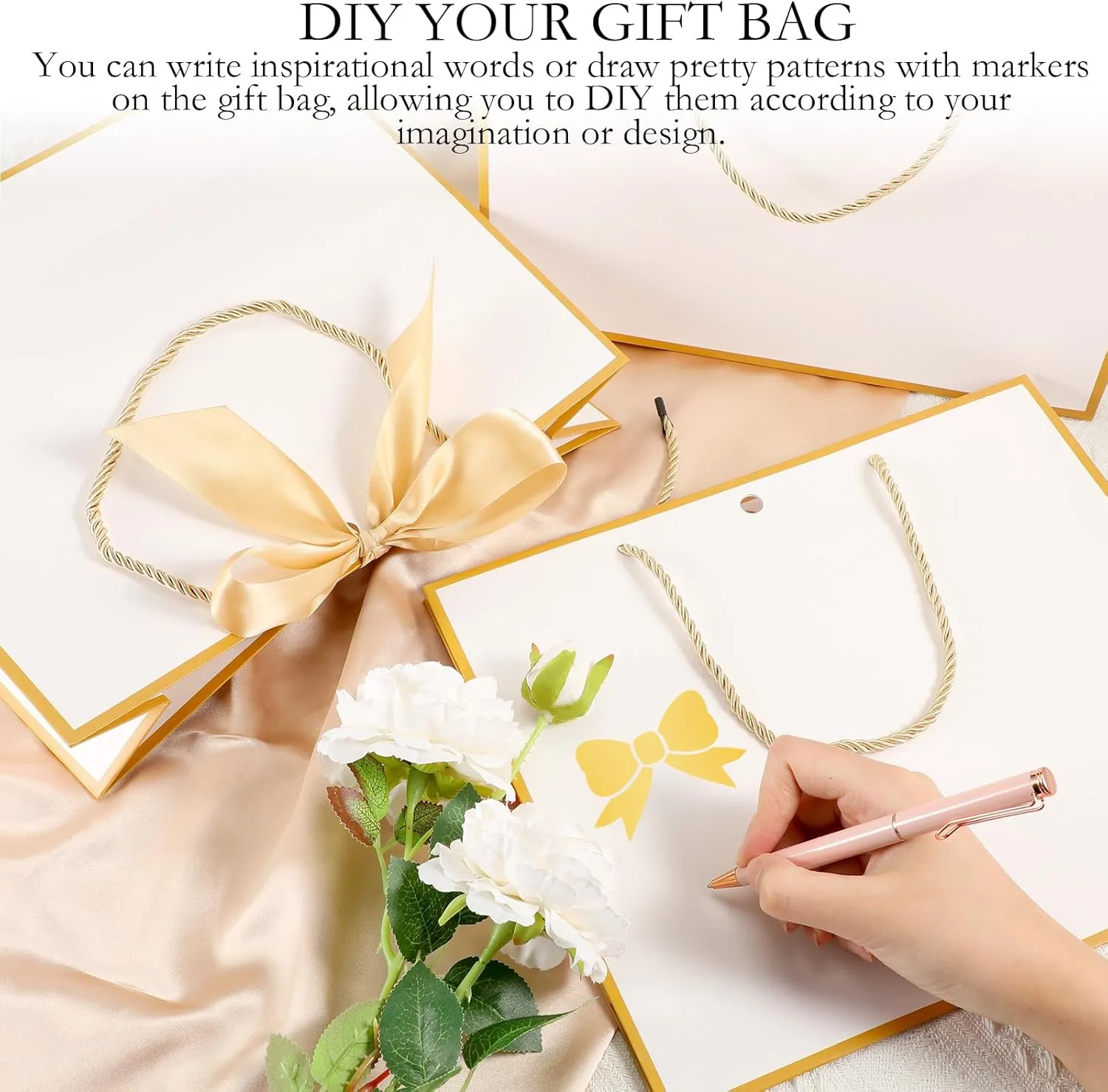 Silkfly 12 Pcs Thank You Gift Bags with Handle 11.8x10x4'' Welcome Bags Return Gifts with Bow Ribbon for Bridesmaid Baby Shower Mother's Day Graduation Wedding Housewarming Birthday(White, Gold)