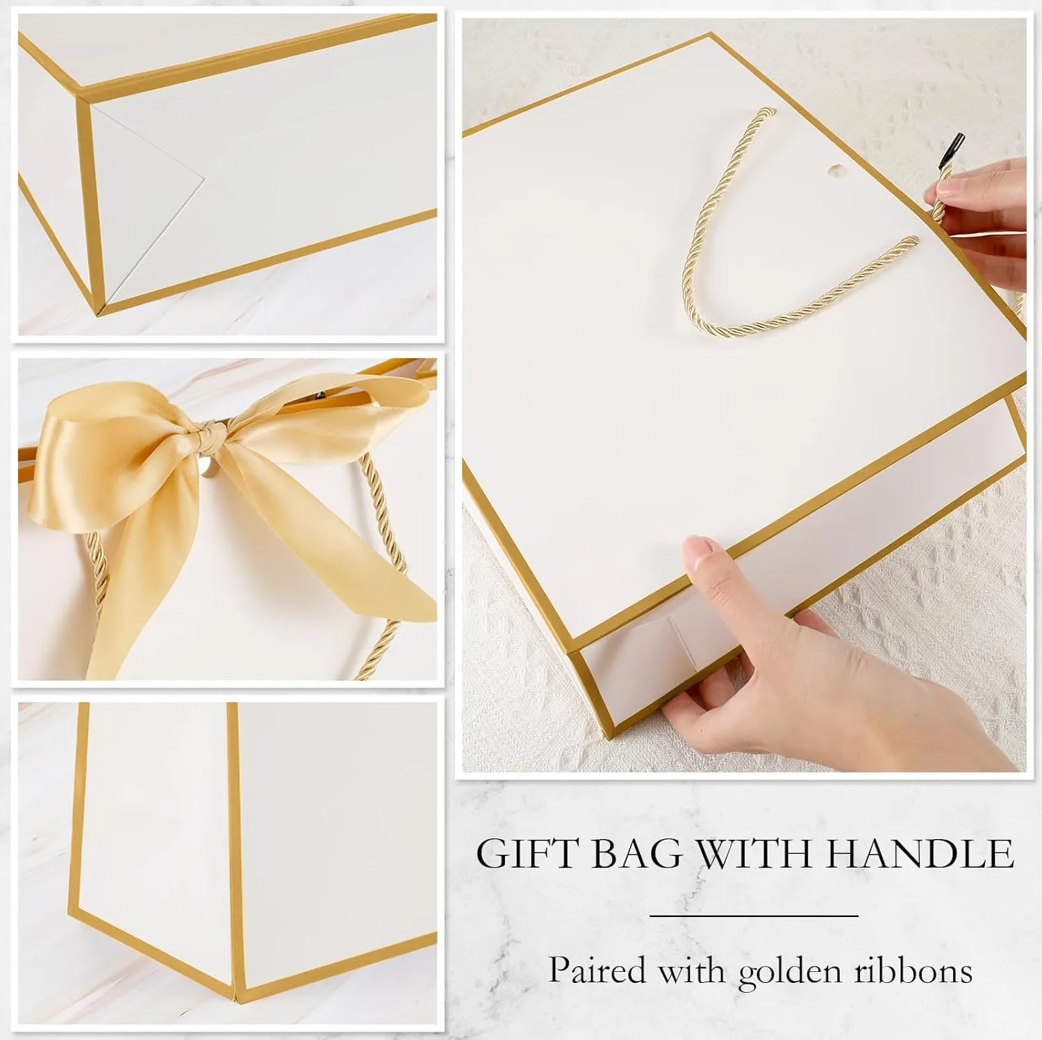 Silkfly 12 Pcs Thank You Gift Bags with Handle 11.8x10x4'' Welcome Bags Return Gifts with Bow Ribbon for Bridesmaid Baby Shower Mother's Day Graduation Wedding Housewarming Birthday(White, Gold)