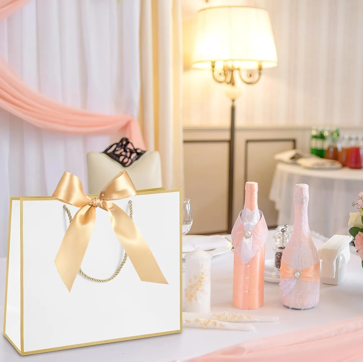 Silkfly 12 Pcs Thank You Gift Bags with Handle 11.8x10x4'' Welcome Bags Return Gifts with Bow Ribbon for Bridesmaid Baby Shower Mother's Day Graduation Wedding Housewarming Birthday(White, Gold)