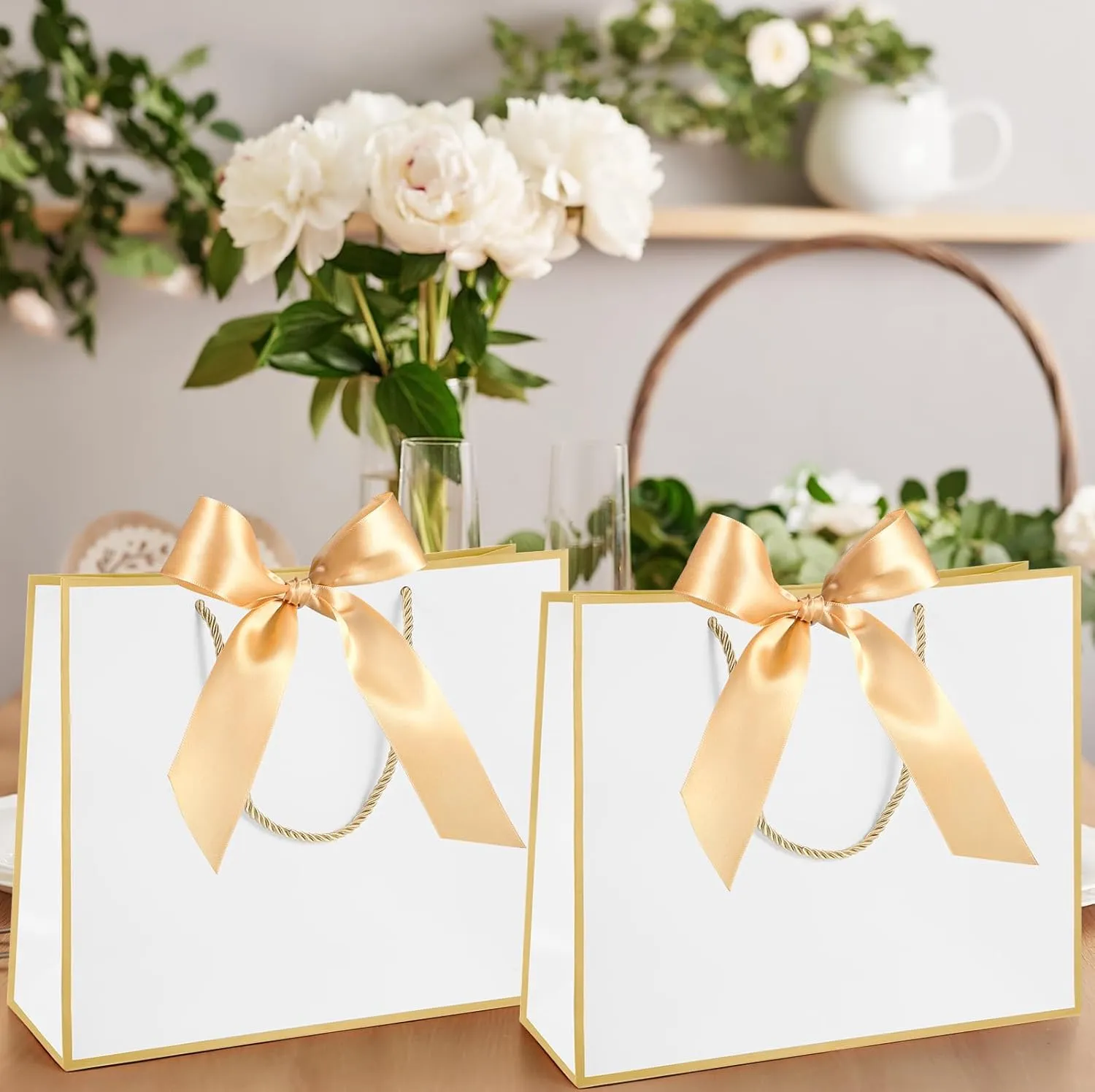 Silkfly 12 Pcs Thank You Gift Bags with Handle 11.8x10x4'' Welcome Bags Return Gifts with Bow Ribbon for Bridesmaid Baby Shower Mother's Day Graduation Wedding Housewarming Birthday(White, Gold)